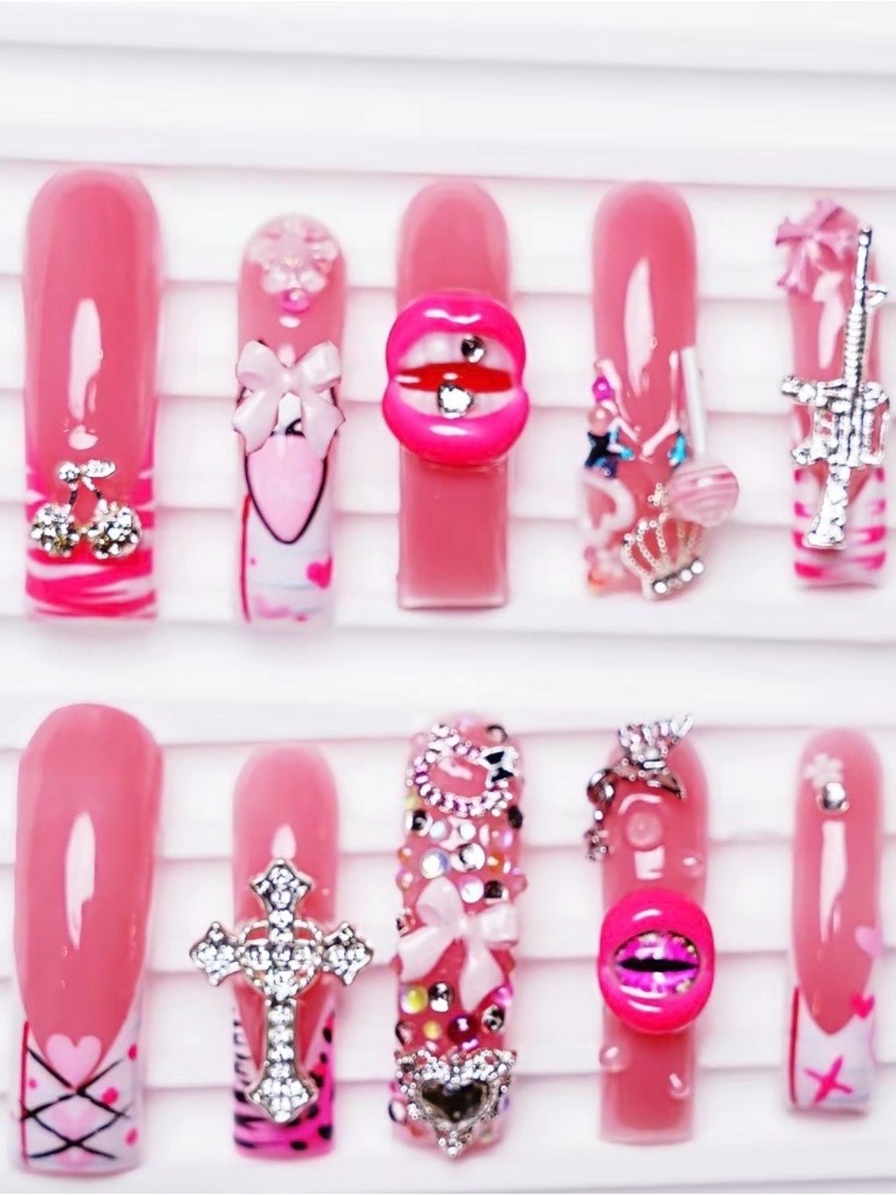 NEW Pink Y2K 3D Bling Press On Nails Medium Long Curved Rhinestone
